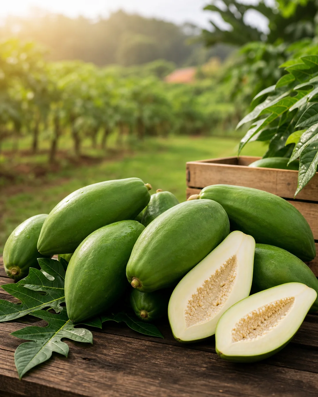 Papaya fresca seleccionada sobre mesa de finca