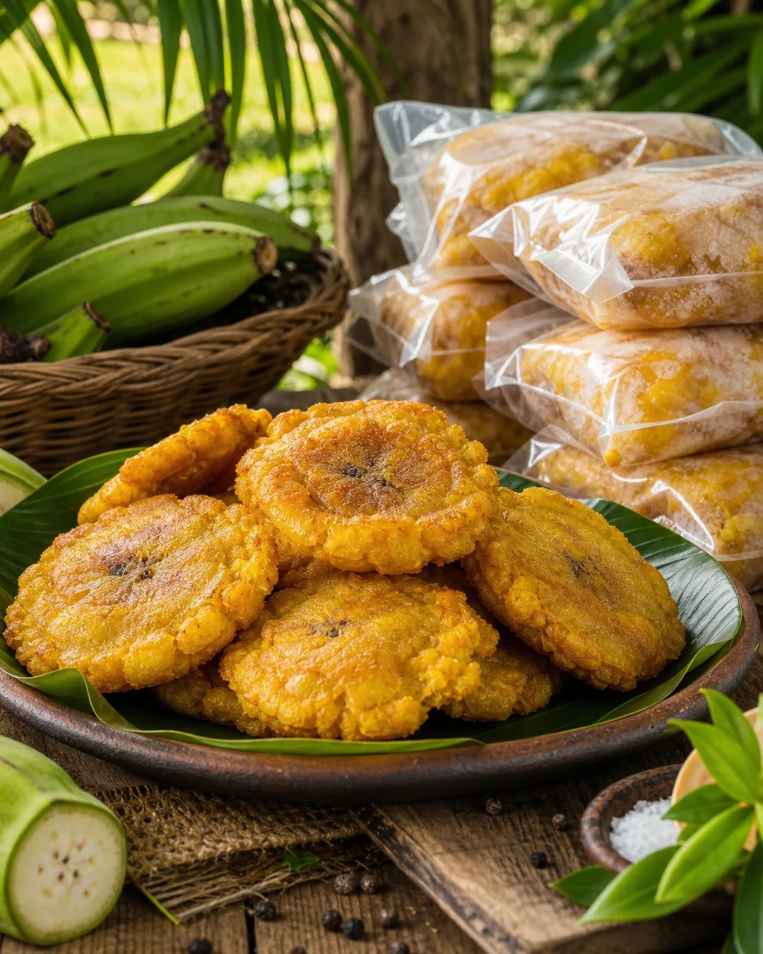 Patacones empacados y servidos en plato